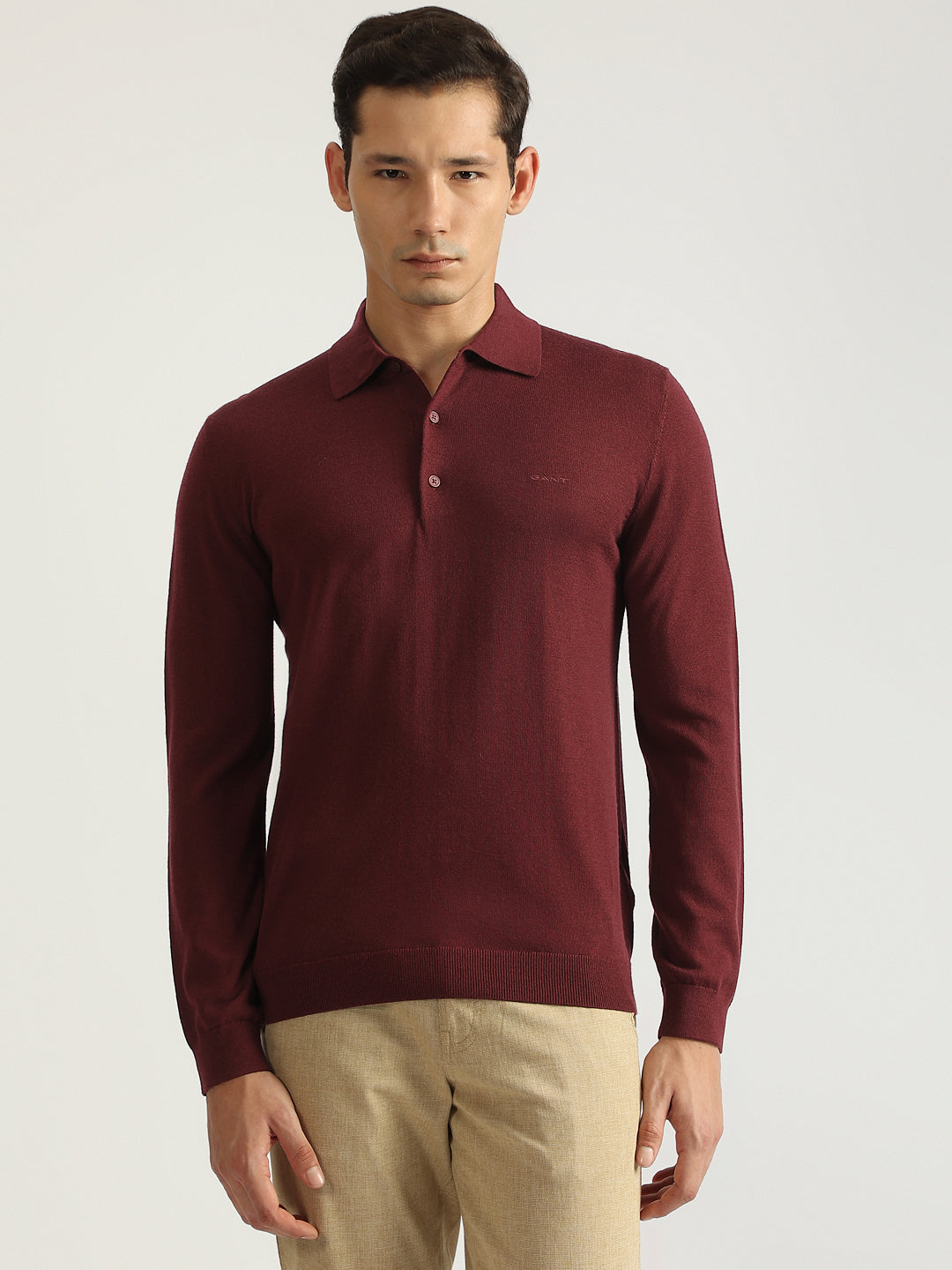 Shop Gant Men Red Solid Collared Full Sleeves Pullover Style Sweater Online