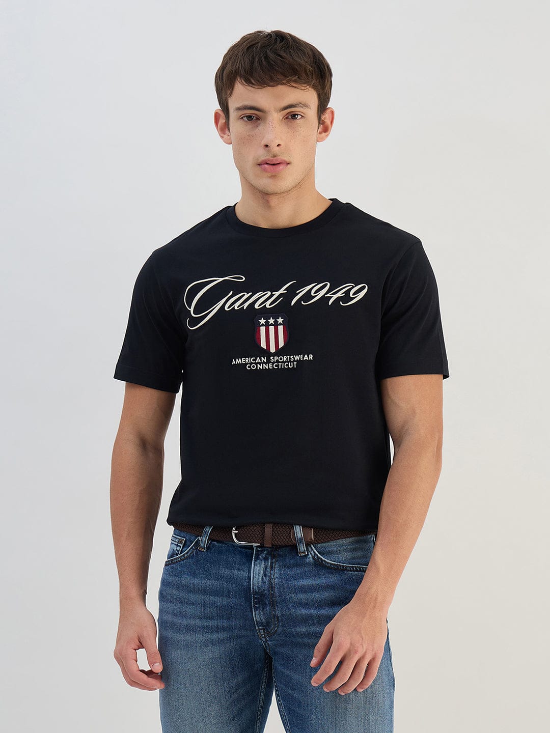 Gant Men Black Solid Pure Cotton Round Neck T Shirt