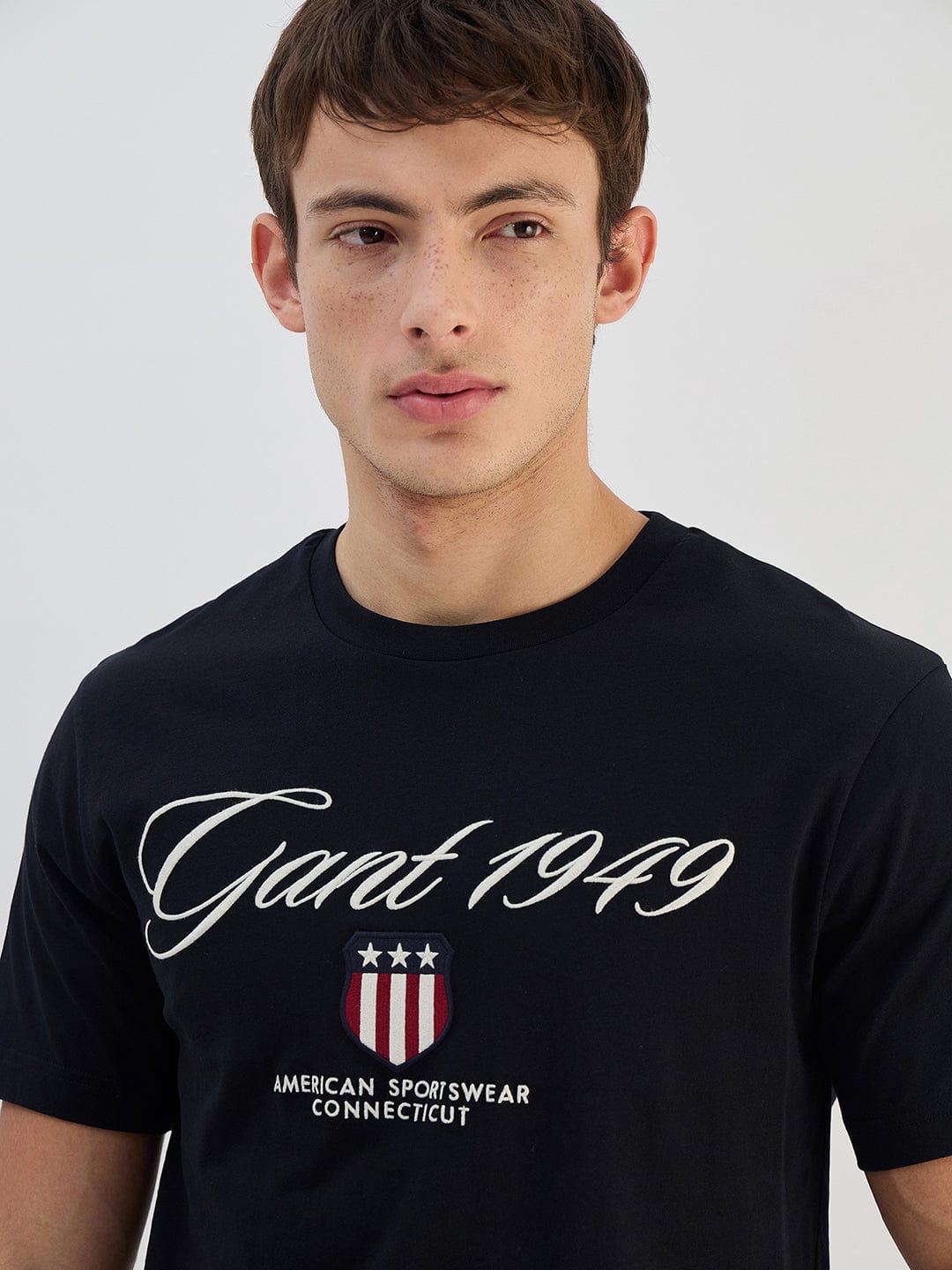 Gant Men Black Solid Pure Cotton Round Neck T Shirt