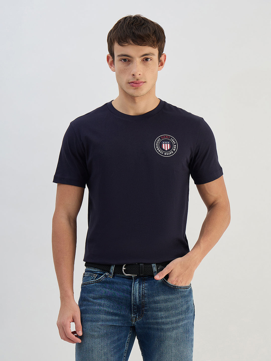 Gant Men Navy Blue Solid Pure Cotton Round Neck T Shirt