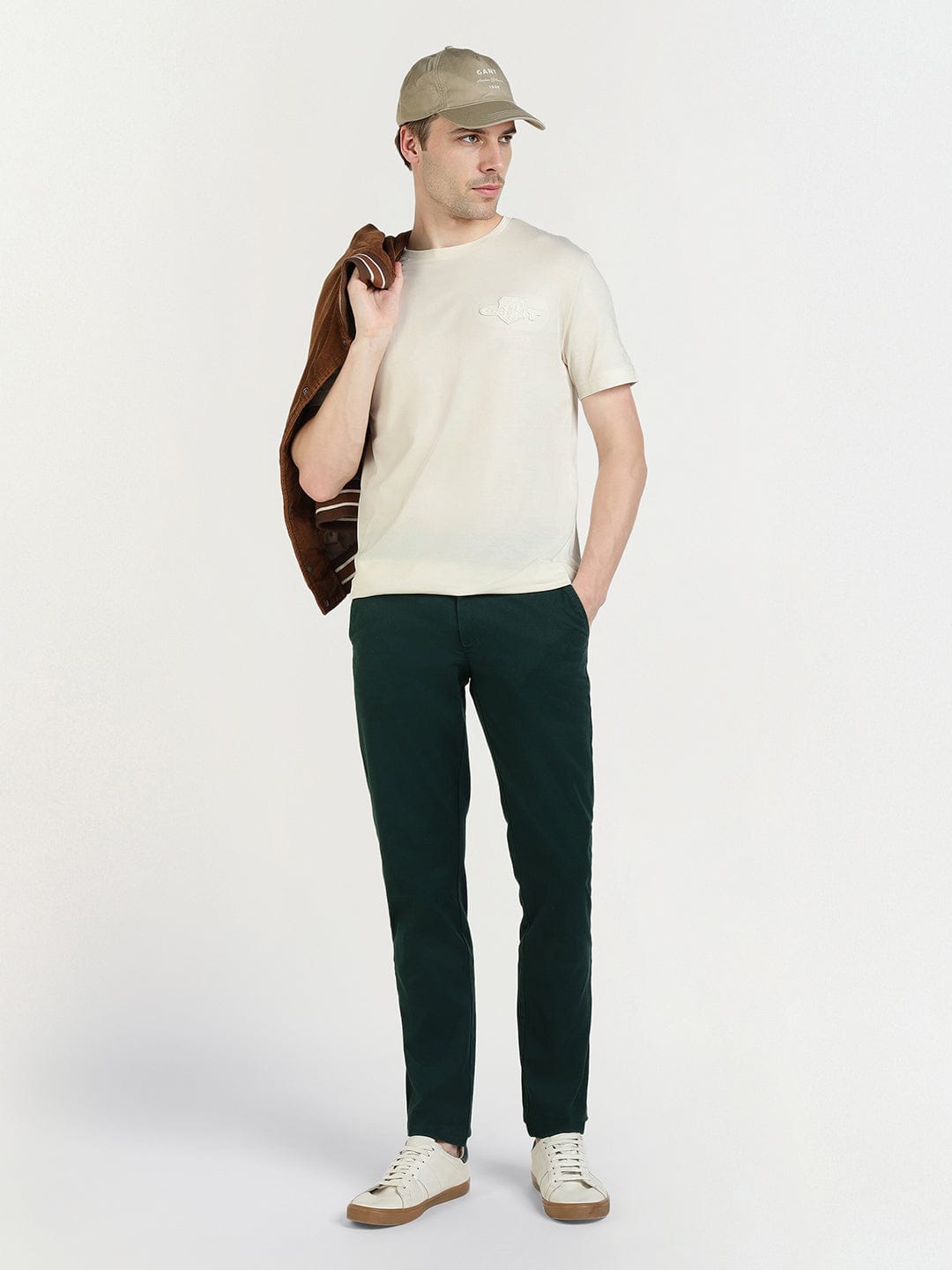 Gant Men Cream Solid Crew Neck Tshirt