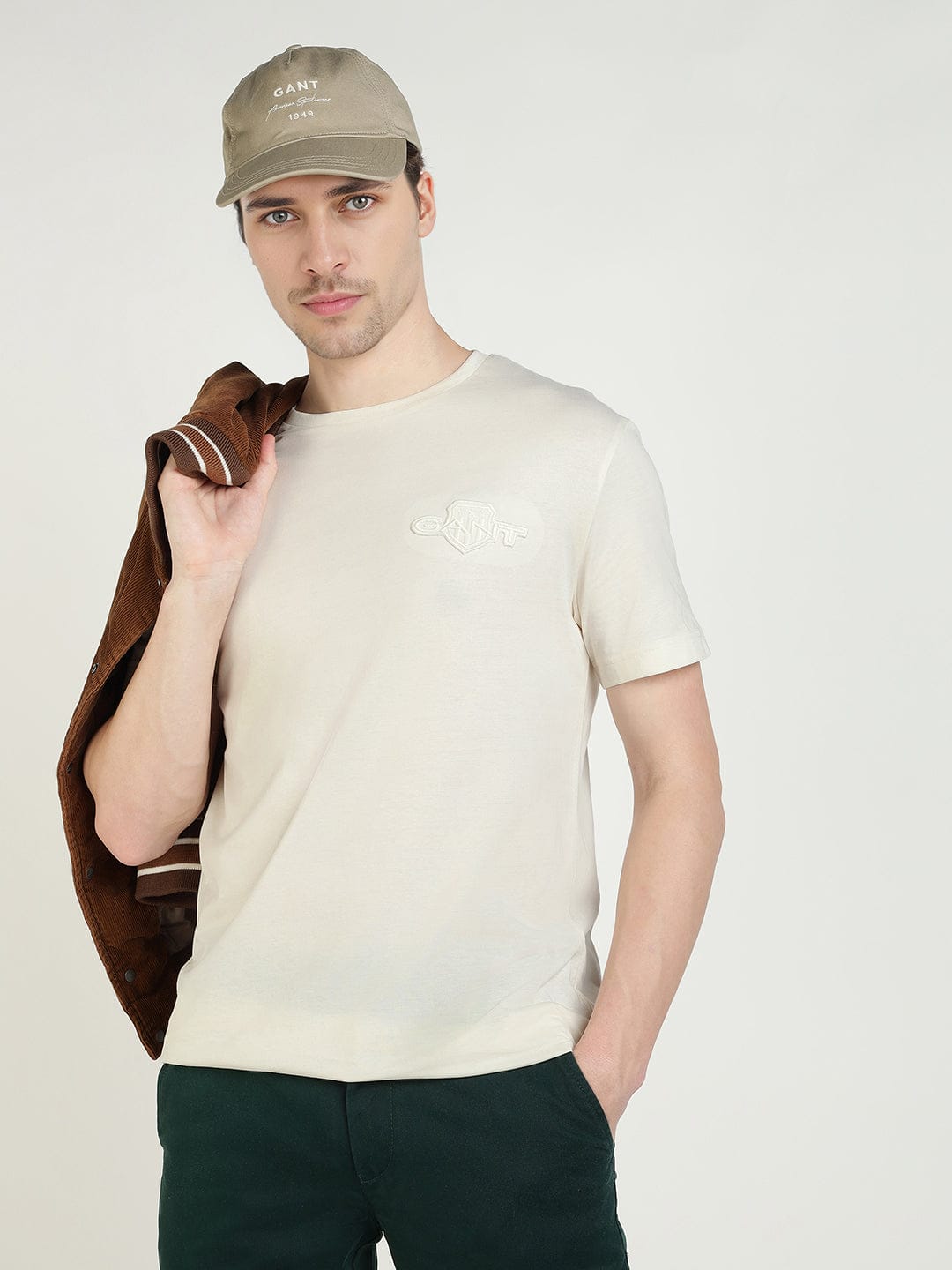 Gant Men Cream Solid Crew Neck Tshirt