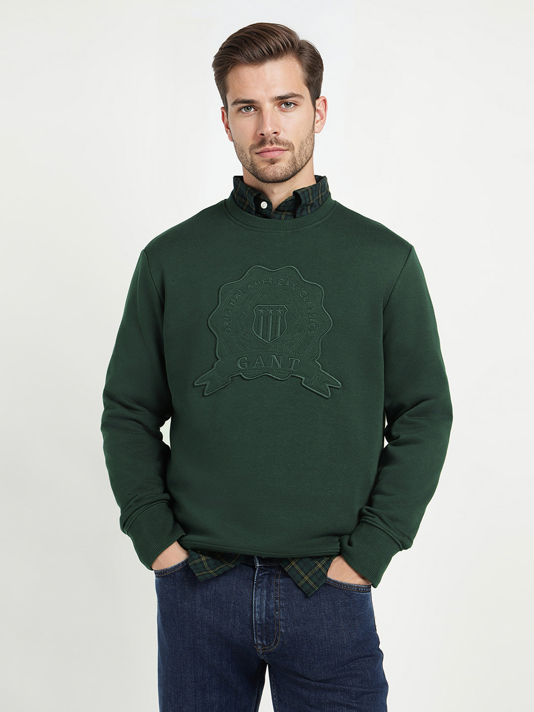 Gant Men Green Solid Crew Neck Sweatshirt