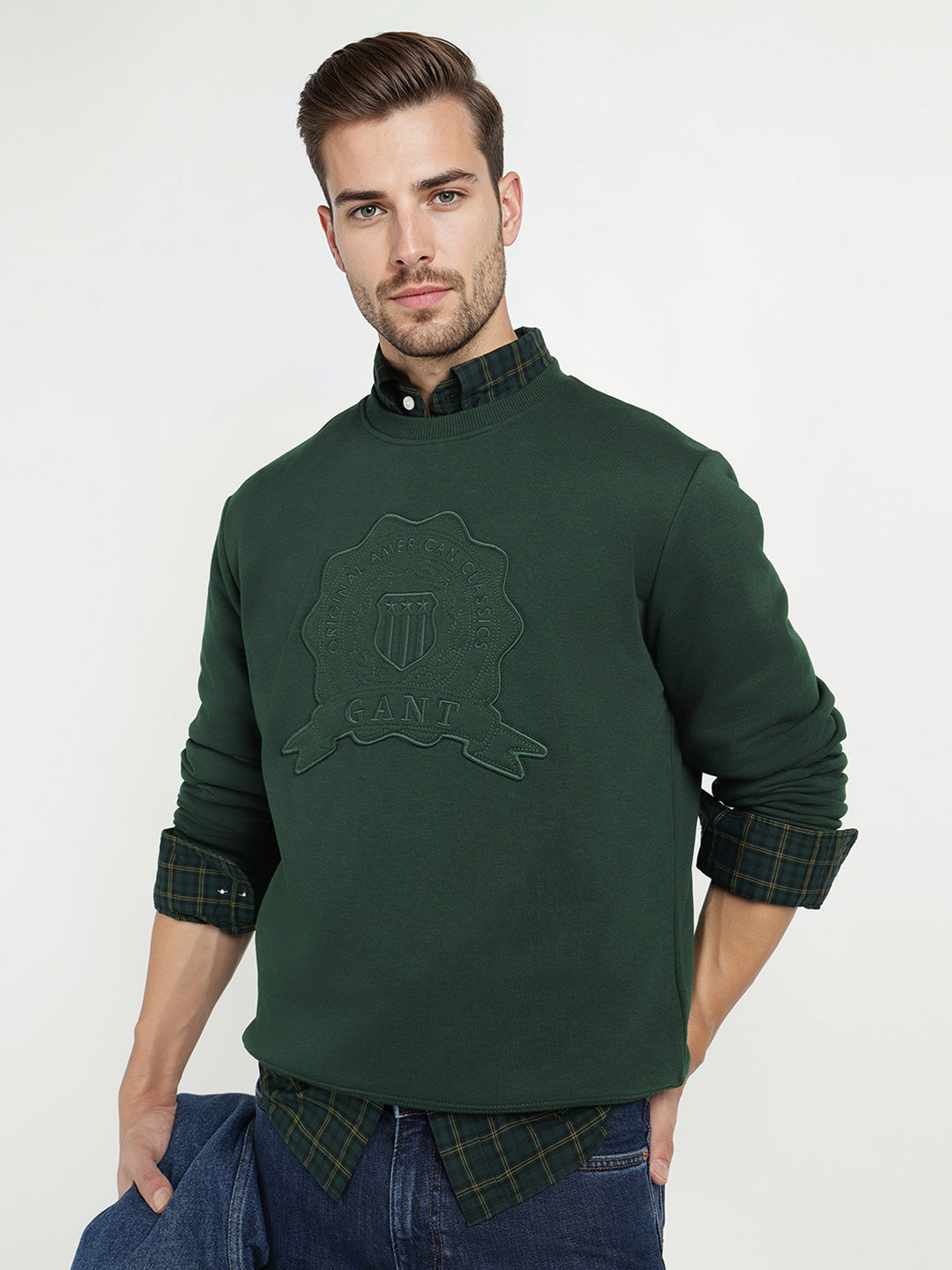Gant Men Green Solid Crew Neck Sweatshirt