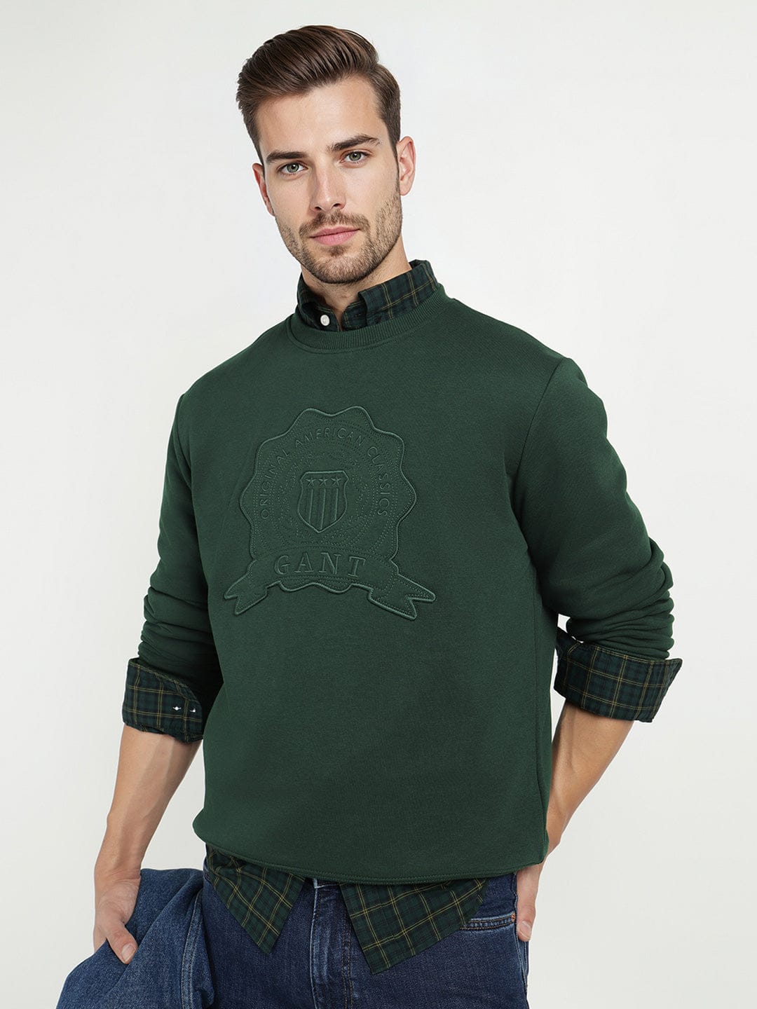 Gant Men Green Solid Crew Neck Sweatshirt