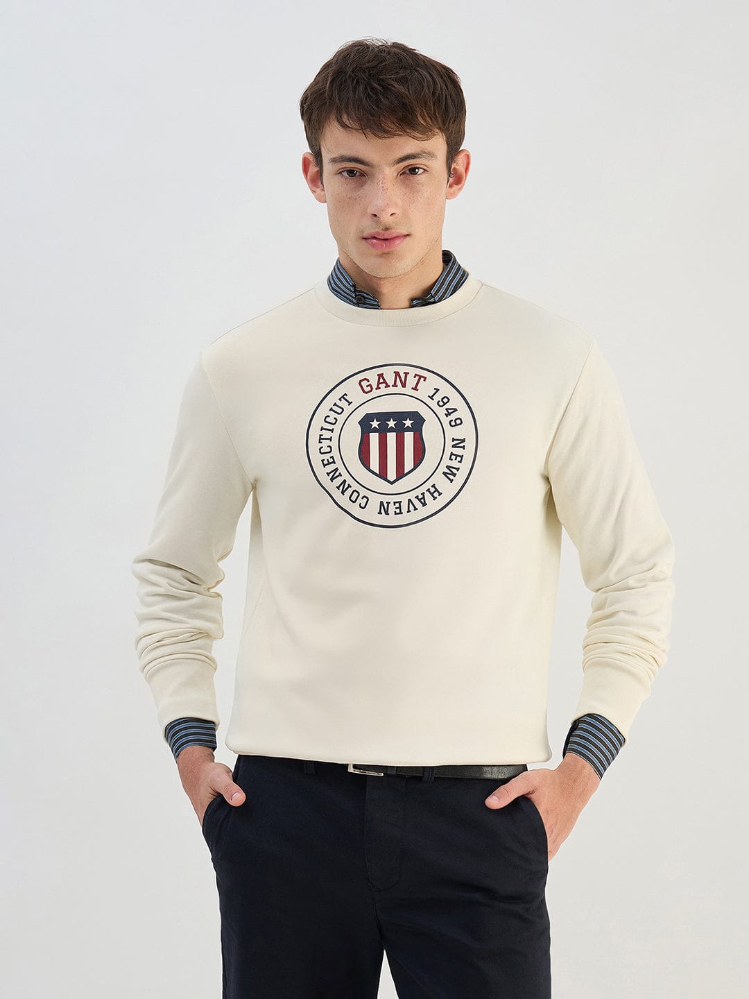 Gant Men Cream Solid Round Neck Sweatshirt