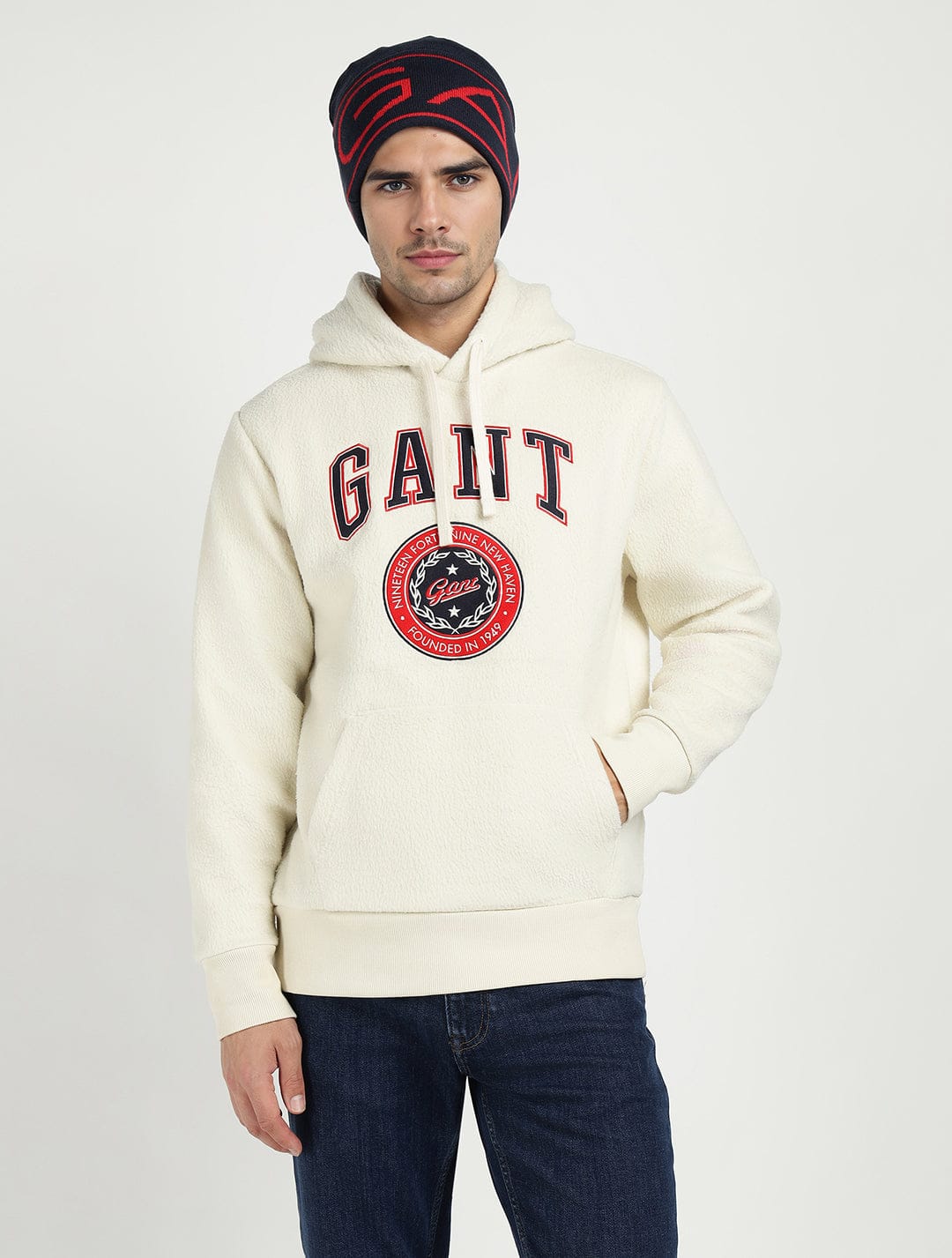 Gant Men Cream Solid Hooded Sweatshirt