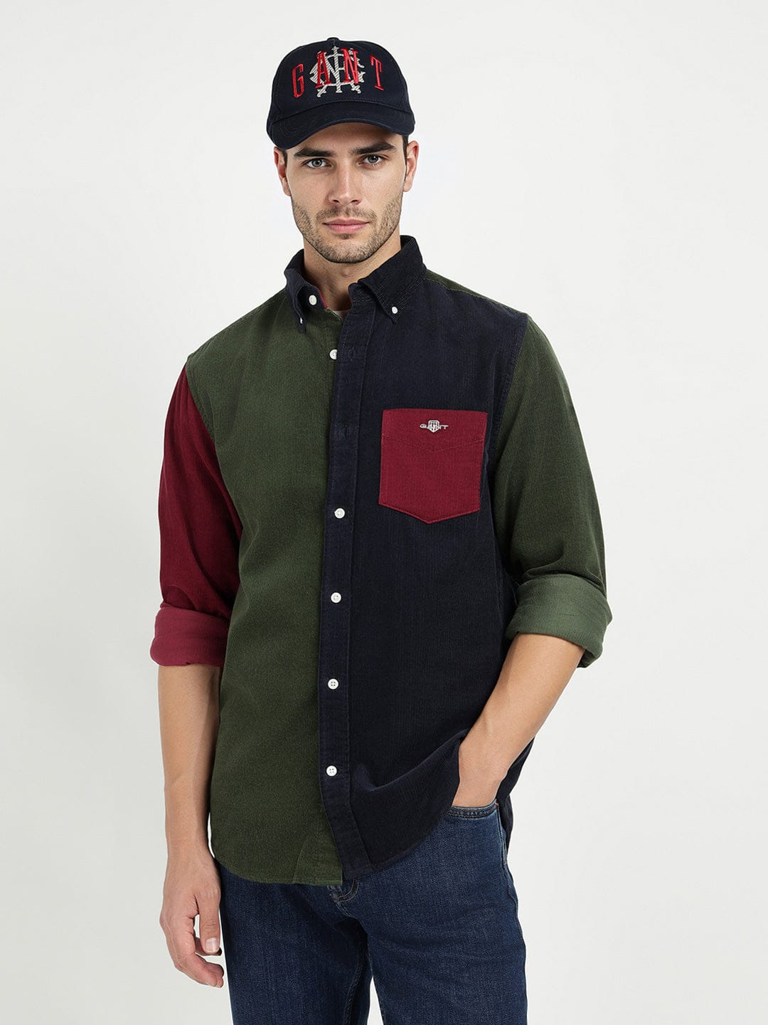 Gant Men Green Coloublocked Collar Shirt