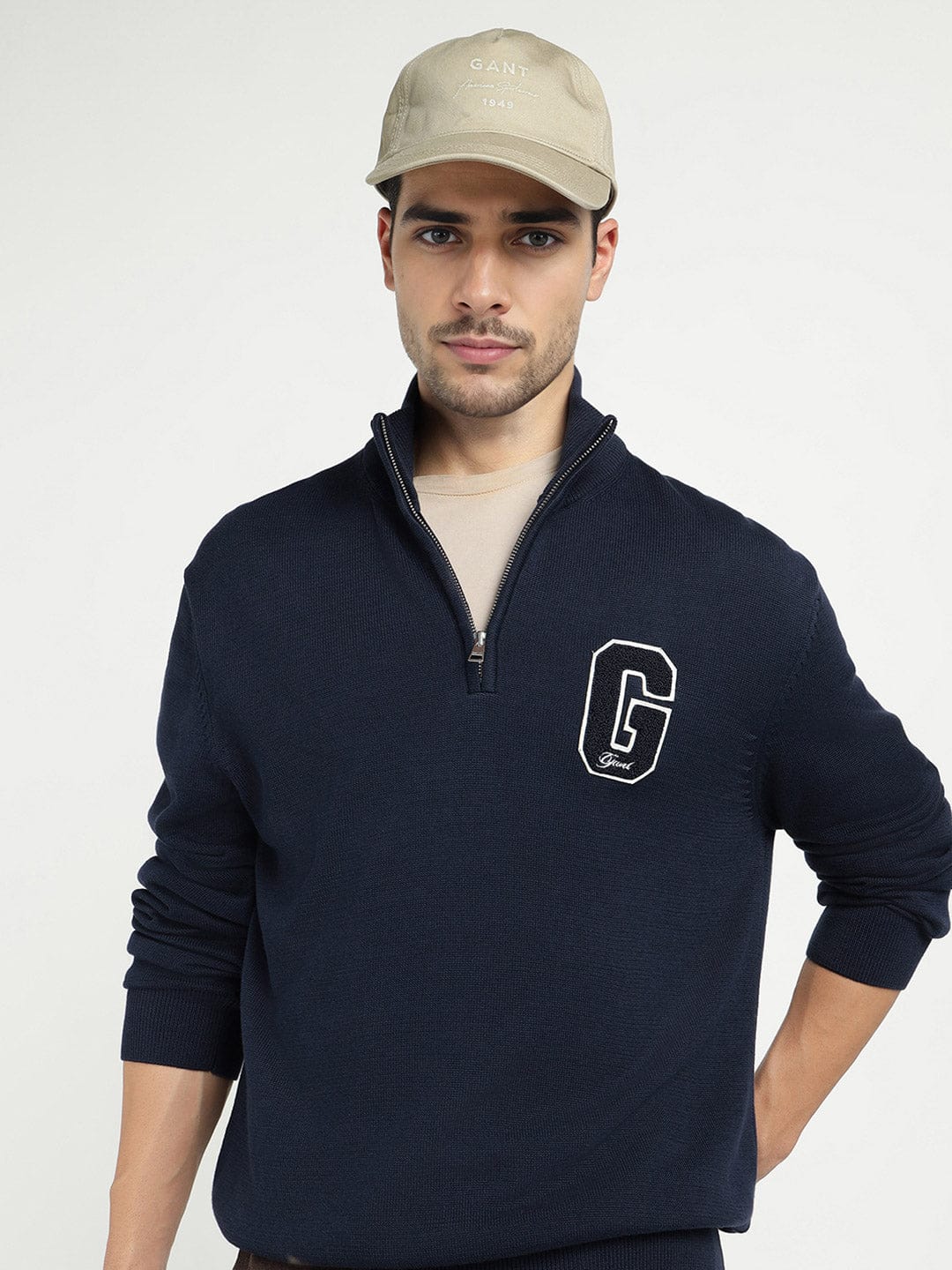 Gant Men Blue Solid Half Zip Sweater