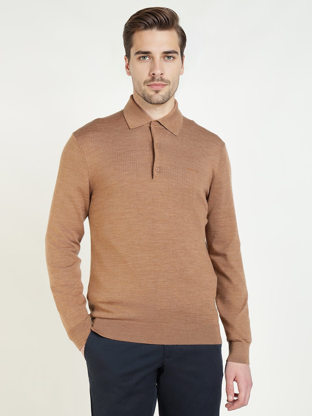 Gant Men Regular Brown Solid Pure Merinowool Sweater