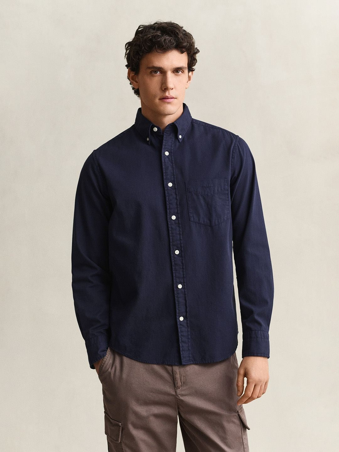 GANT Men Navy Blue Solid Regular Fit Twill Shirt