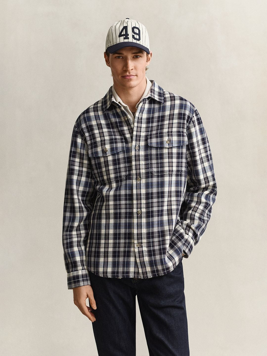 GANT Men Navy Blue Checked Regular Fit Twill Shirt