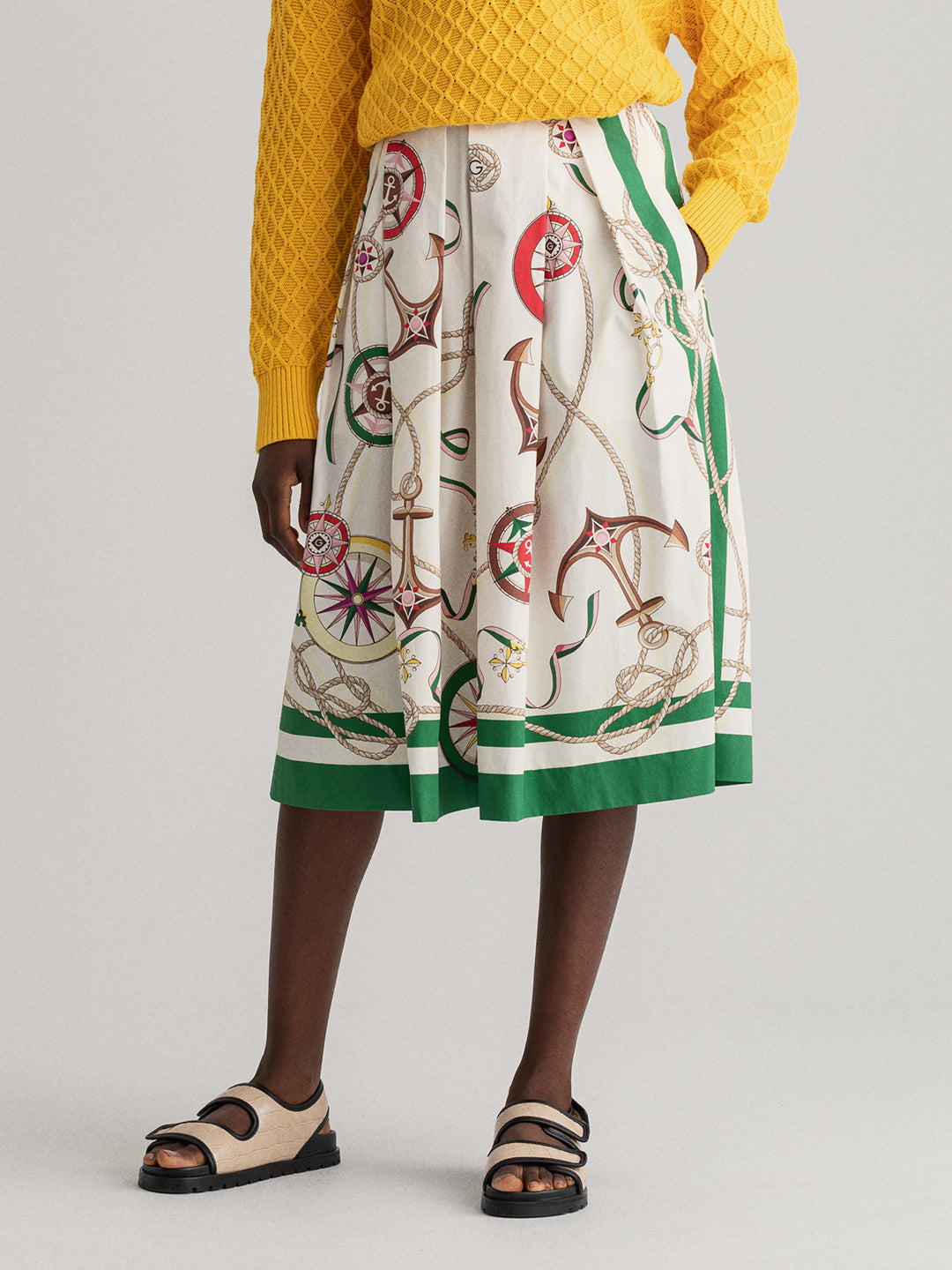 Gant Women White Green Printed Pure Cotton Flared Midi Pleated Skirt