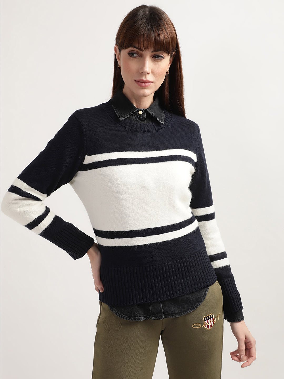 Gant Women Navy Blue White Colourblocked Wool Pullover