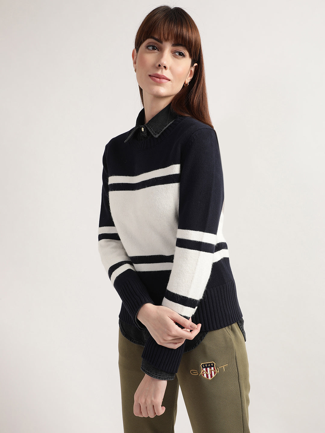 Gant Women Navy Blue White Colourblocked Wool Pullover