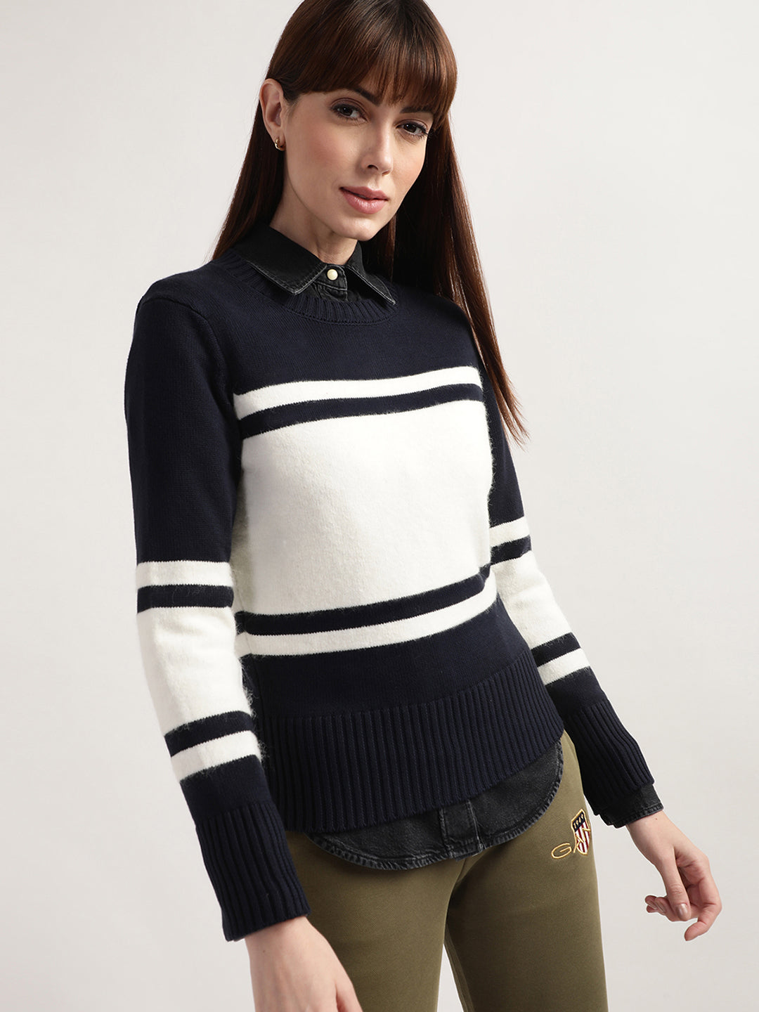 Gant Women Navy Blue White Colourblocked Wool Pullover