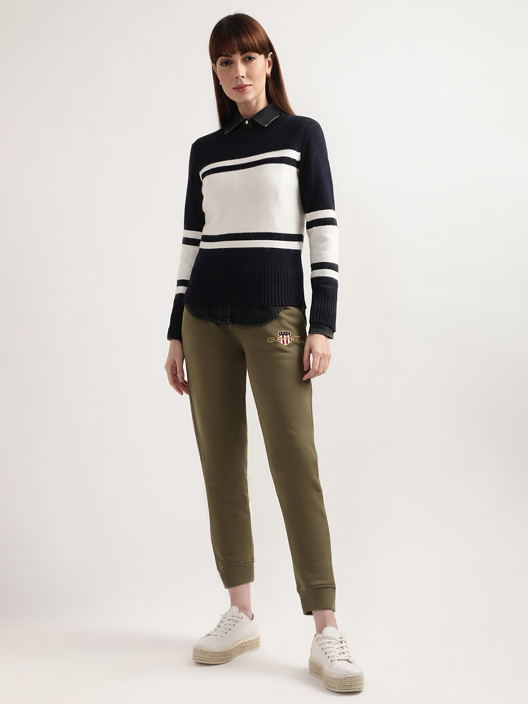 Gant Women Navy Blue White Colourblocked Wool Pullover
