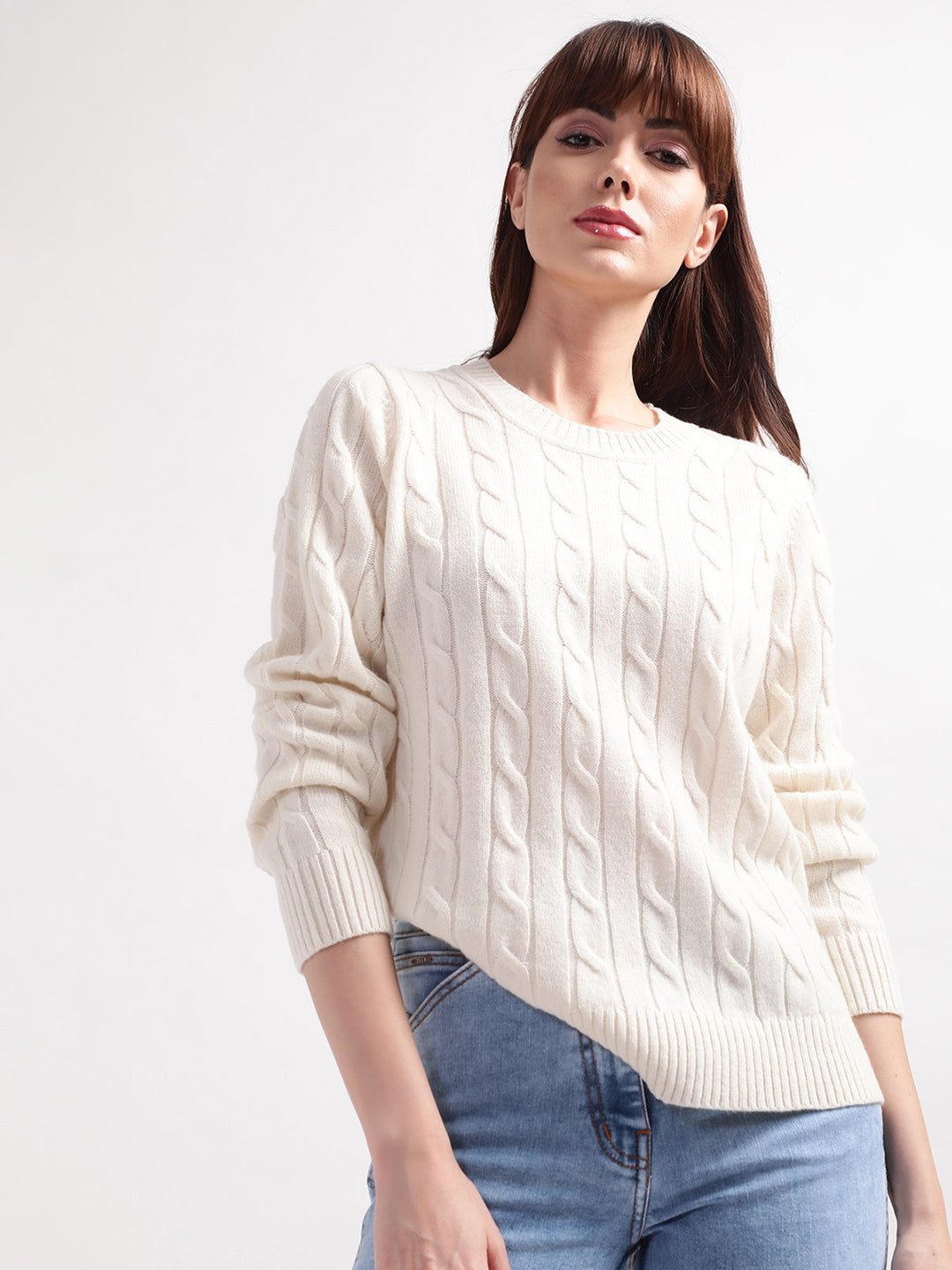Gant Women Off White Cable Knit Wool Pullover