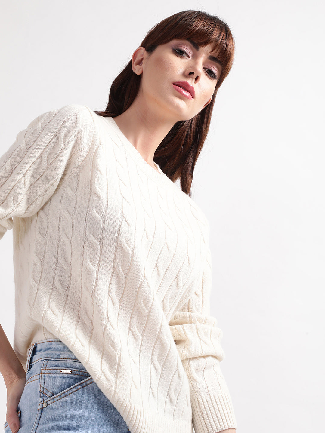 Gant Women Off White Cable Knit Wool Pullover