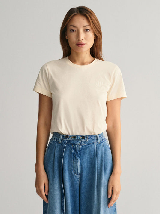 Gant Women Cream Solid Round Neck Short Sleeves T-shirt