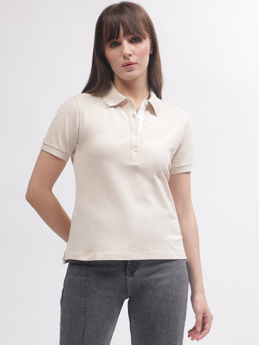 Shop Gant Women Beige Solid Polo Short Sleeves T-shirt Online