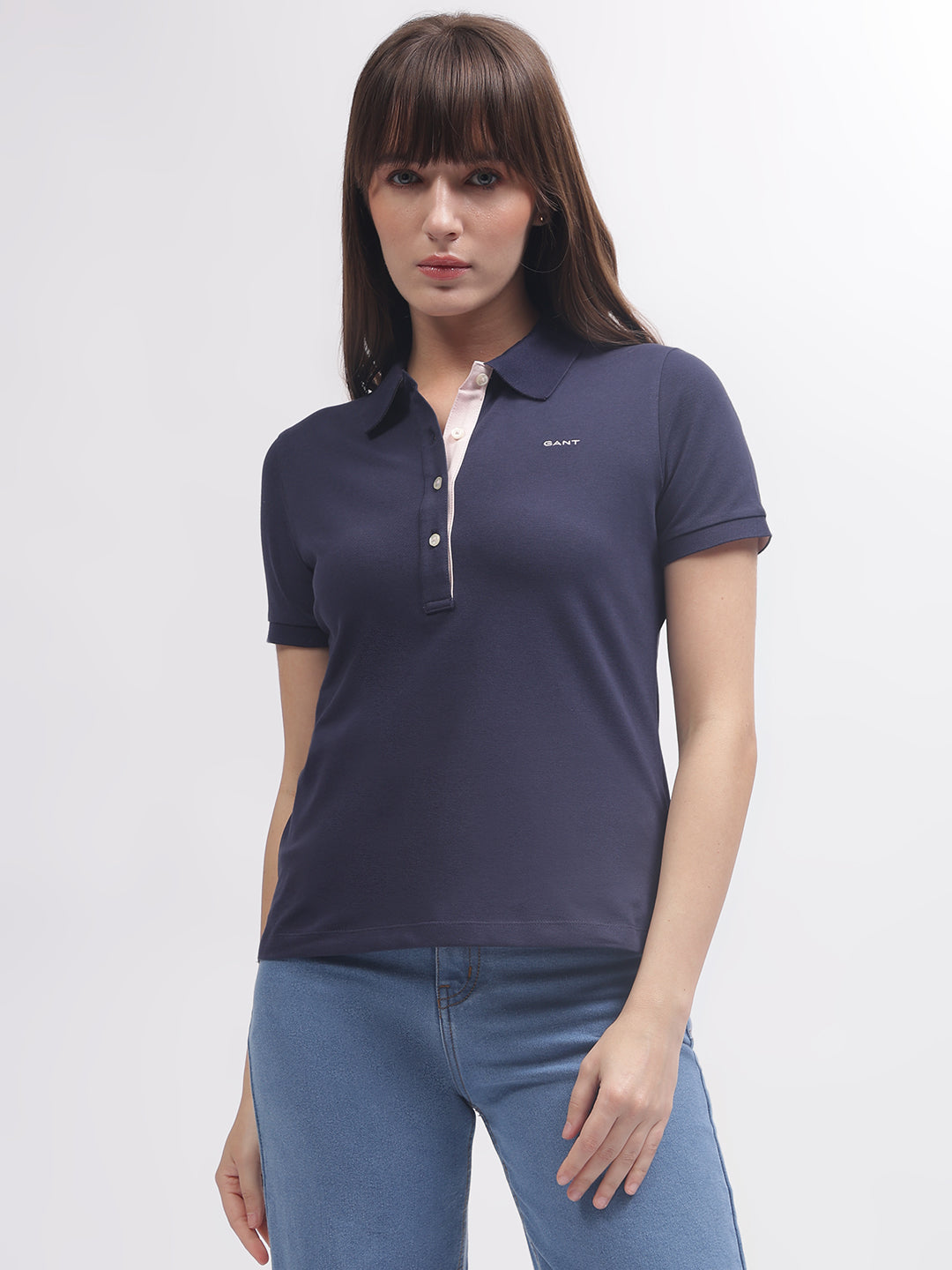 Shop Gant Women Navy Blue Solid Polo Short Sleeves T-shirt Online