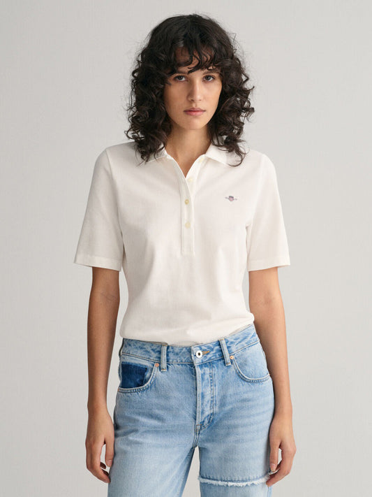 Gant Women White Solid Polo Short Sleeves T-shirt