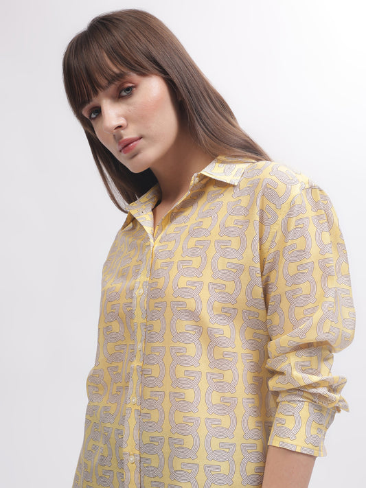 Gant Women Yellow Printed Spread Collar Full Sleeves Shirt