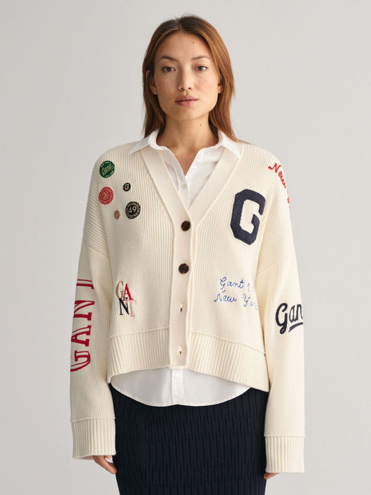 Gant Women Cream Embroidered  Full Sleeves Cardigan Sweater