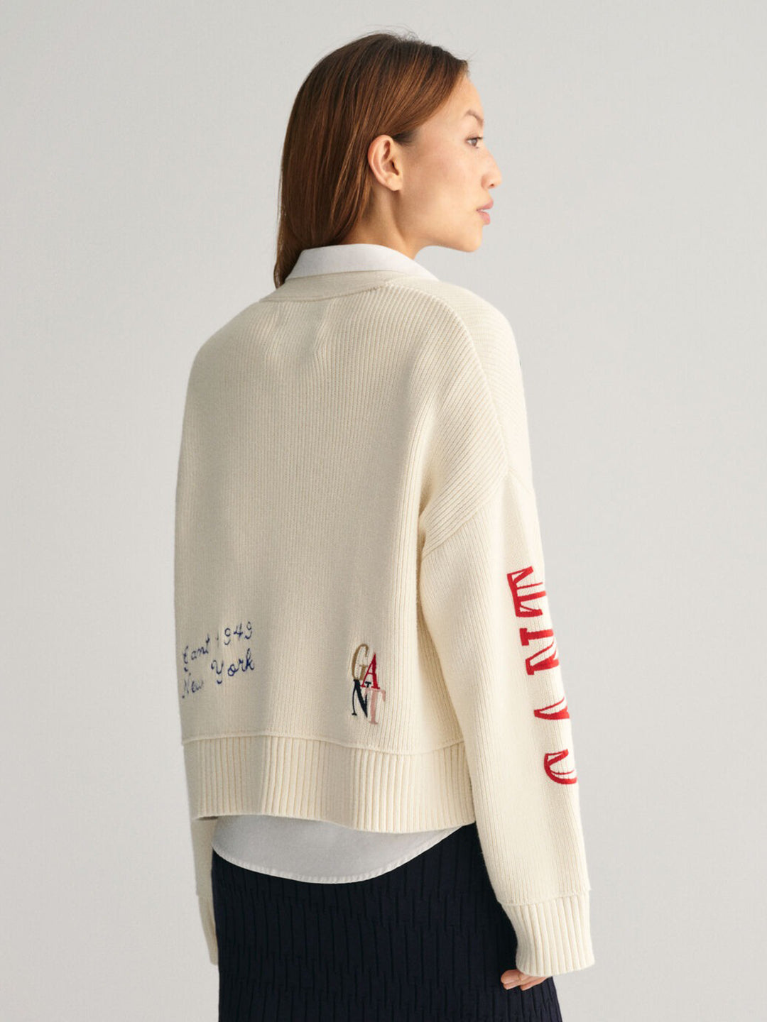 Gant Women Cream Embroidered Full Sleeves Cardigan Sweater