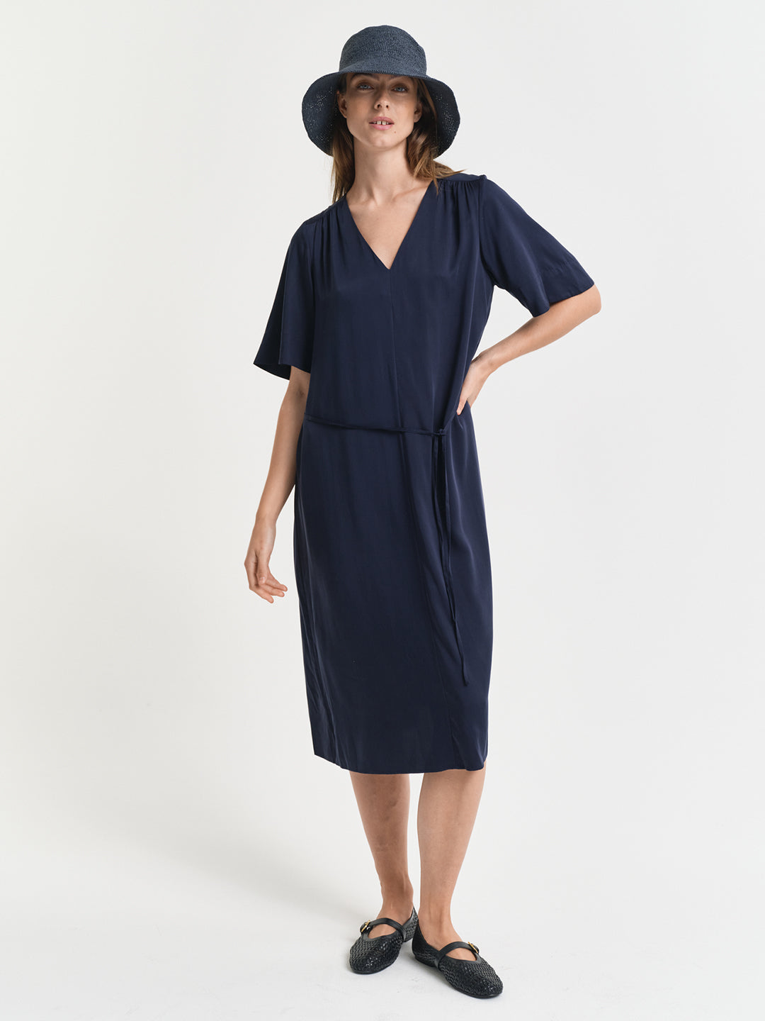 Gant Women Navy Blue Solid V-Neck Short Sleeves Shift Dress