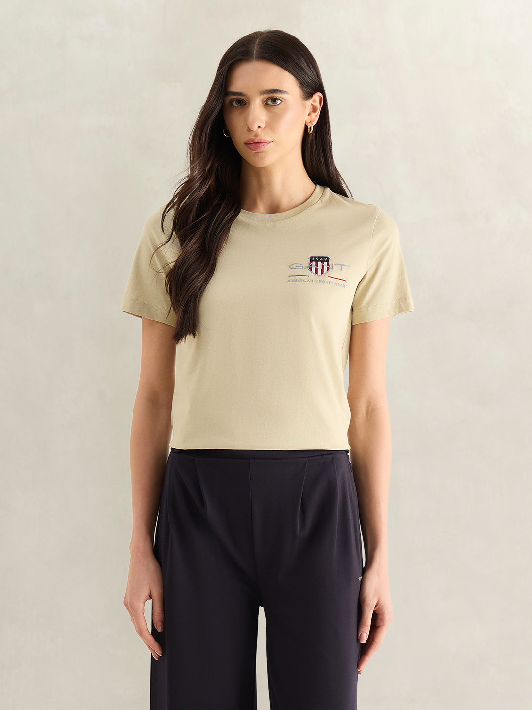Gant Women Beige Graphic Round Neck T-Shirt