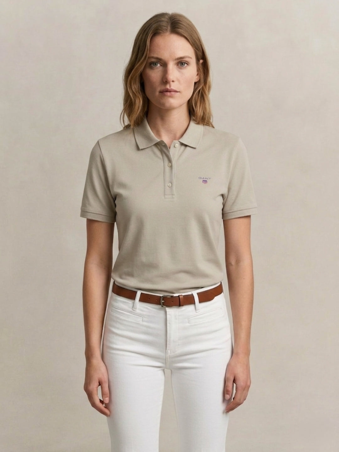 Gant Women Pure Cotton Beige Contrast Polo T-Shirt