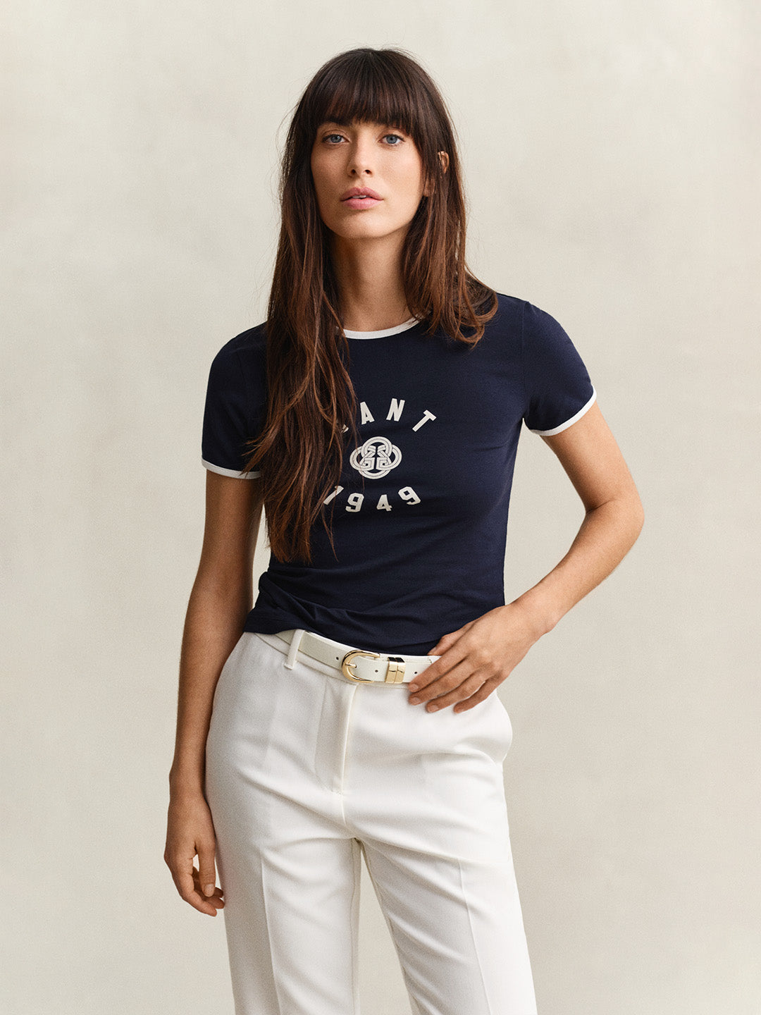 Gant Women Navy Blue Logo Slim Fit Crew Neck T-Shirt