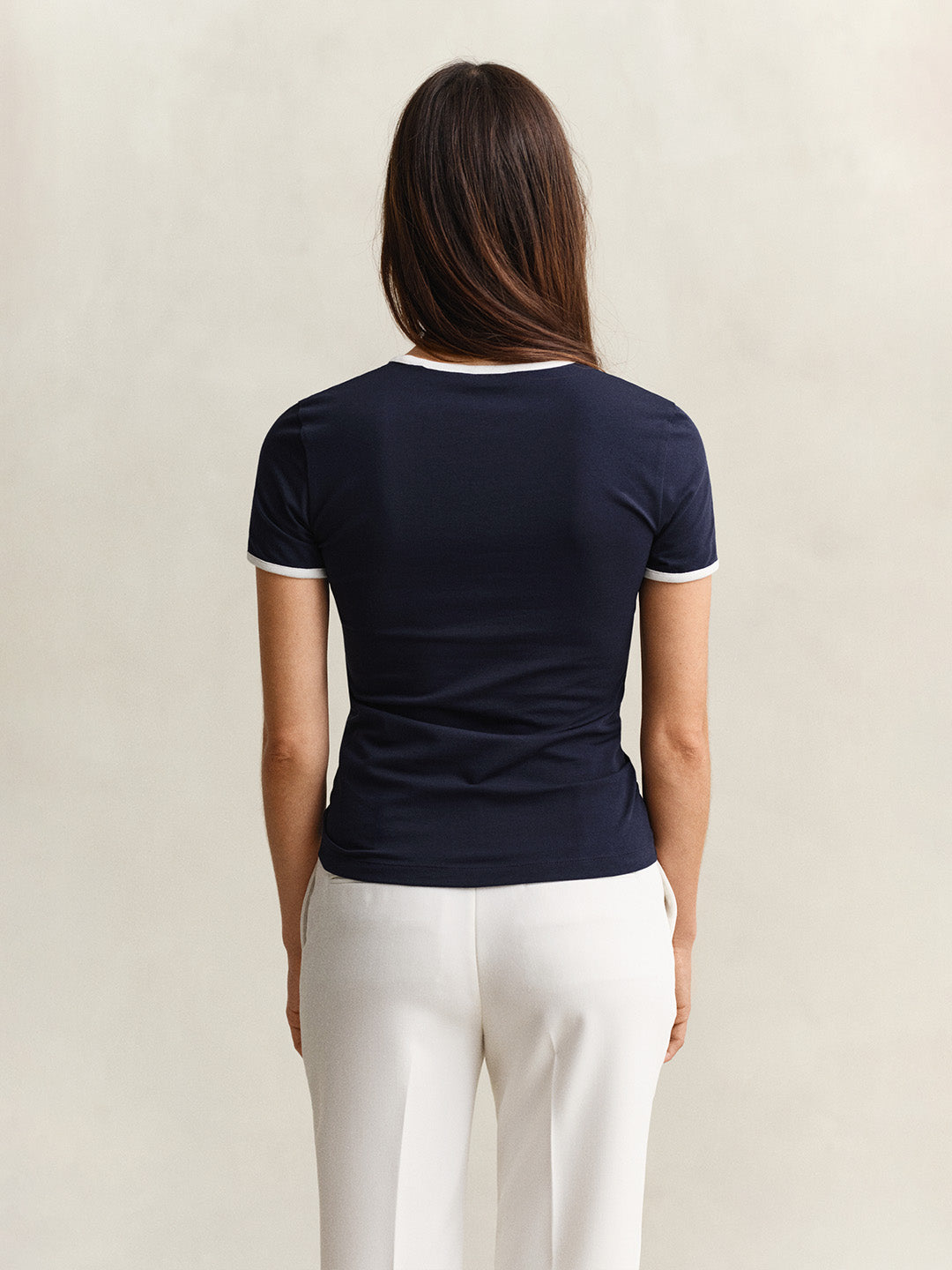 Gant Women Navy Blue Logo Slim Fit Crew Neck T-Shirt