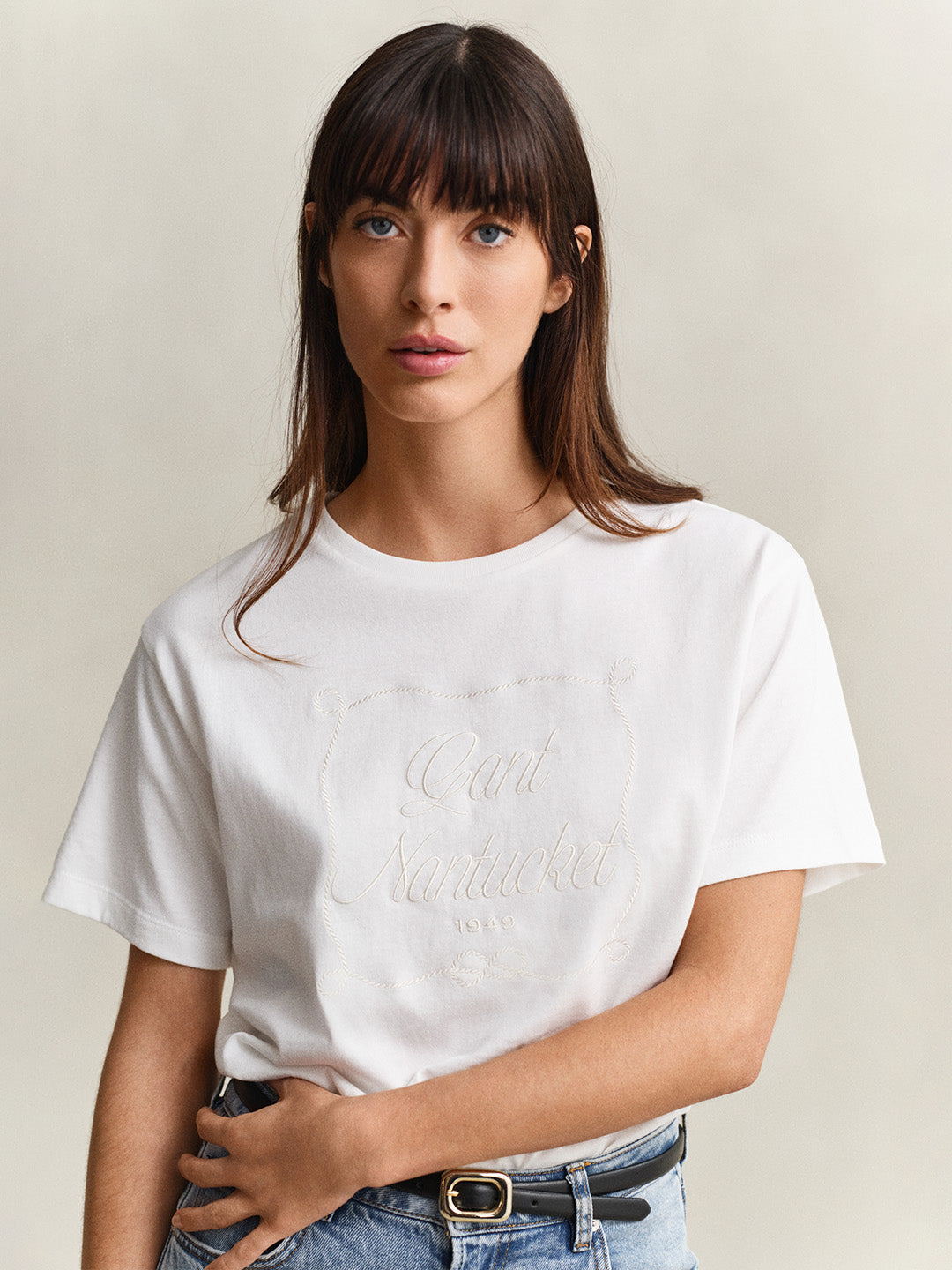 GANT Women White Logo Relaxed Fit Crew Neck T-Shirt