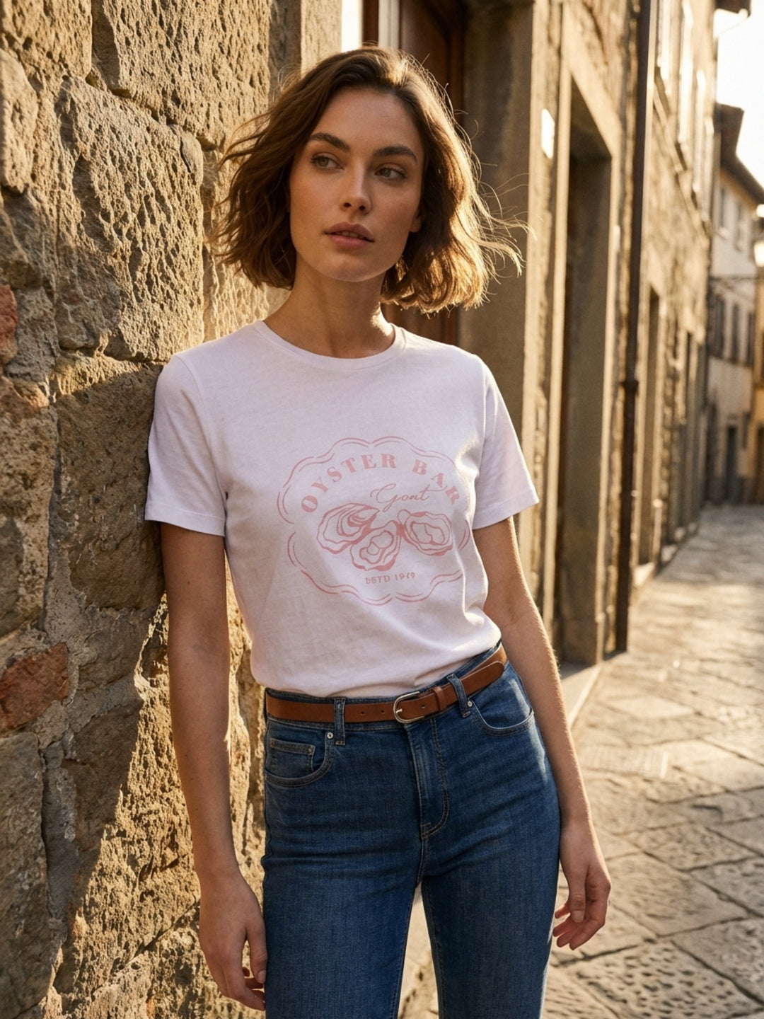 Gant Women White Cotton Graphic T-Shirt