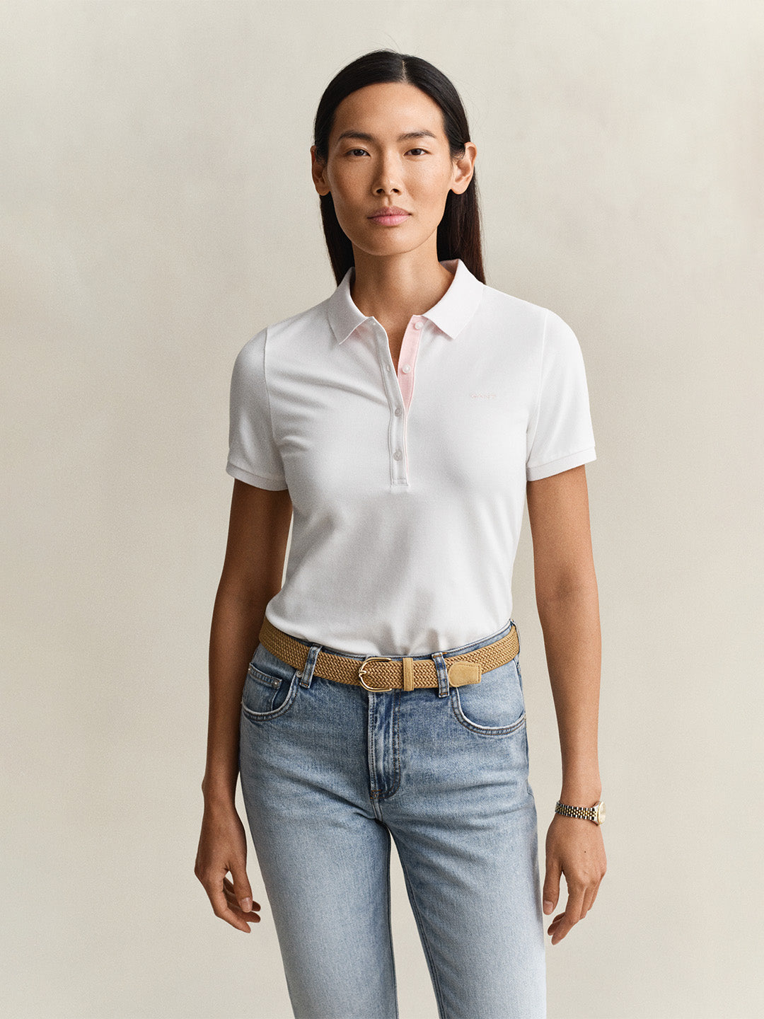 GANT Women White Slim Fit Pique Polo T-Shirt