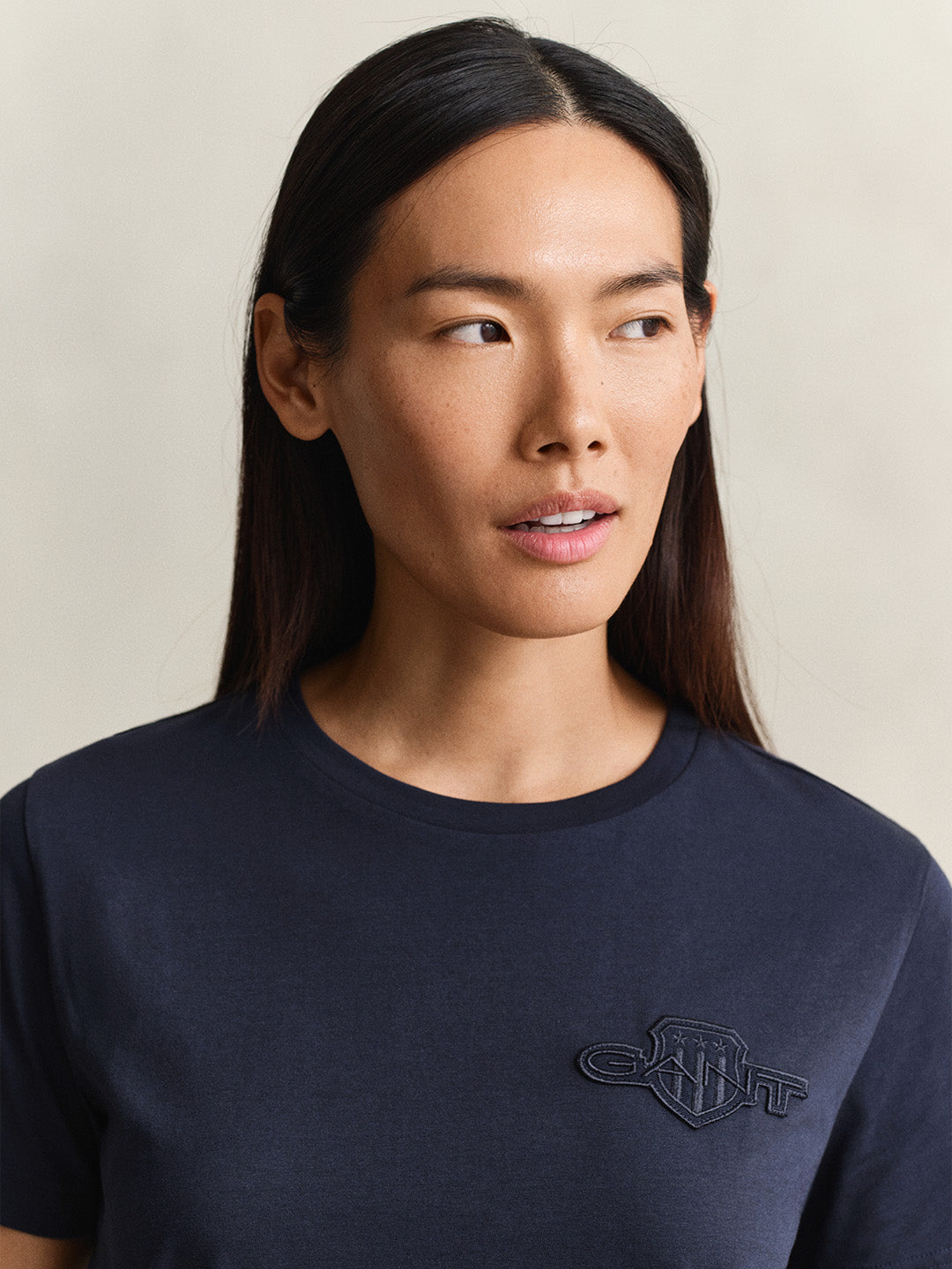 GANT Women Navy Blue Regular Fit Tonal Shield T-Shirt