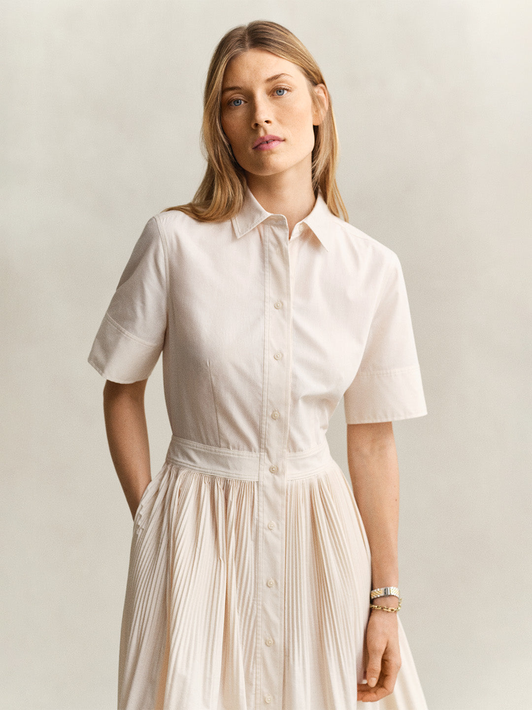 GANT Women Off White Pleated Midi Shirt Dress