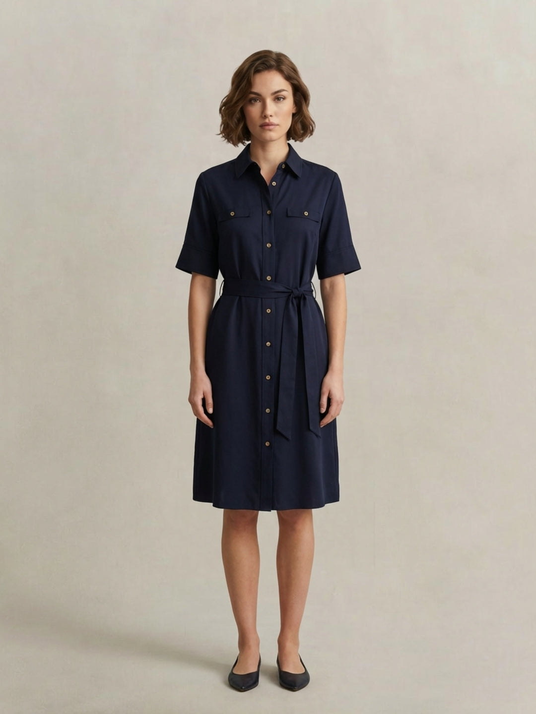 Gant Women Navy Blue Fluid Belted Shirts Dress