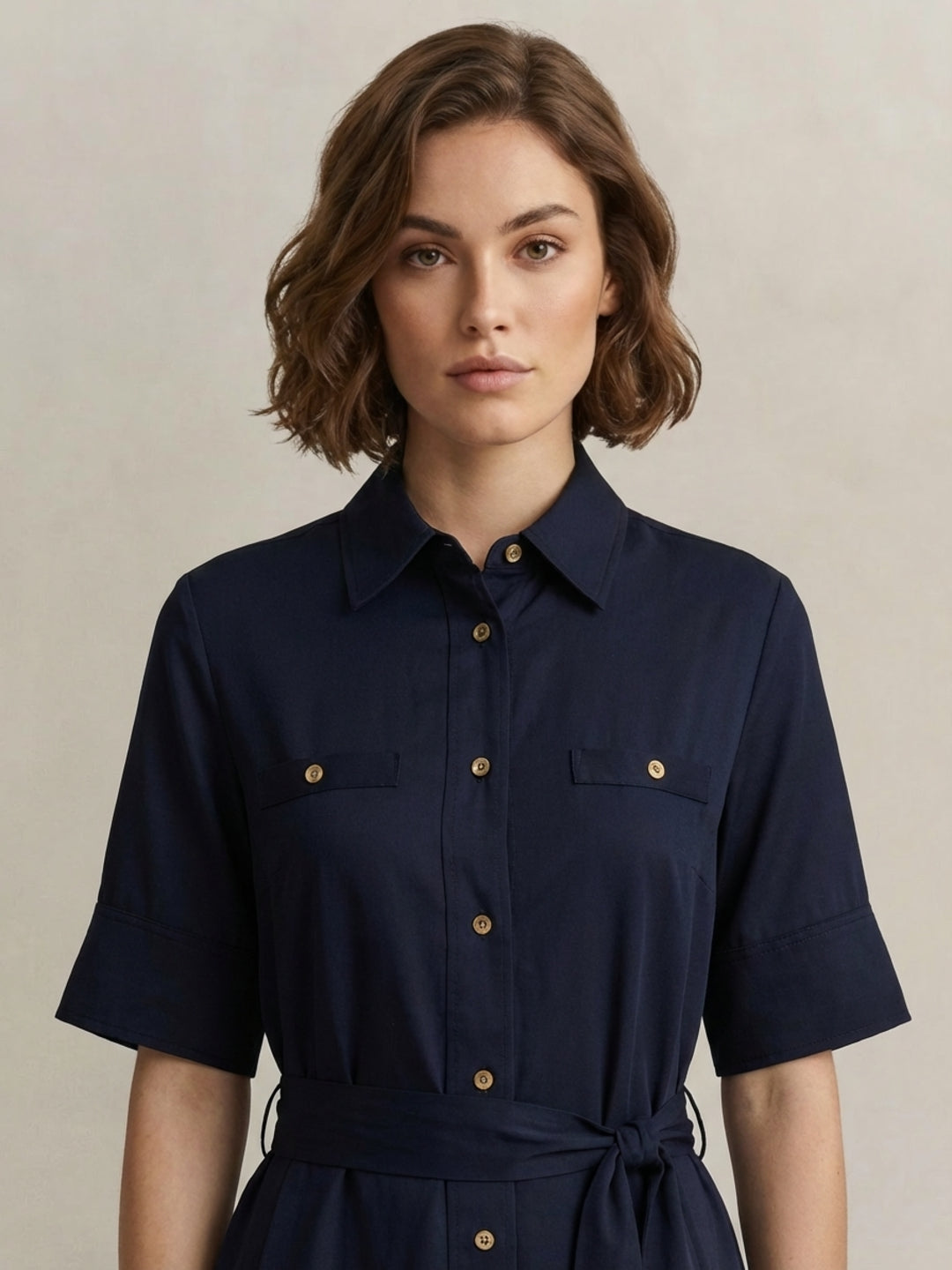 Gant Women Navy Blue Fluid Belted Shirts Dress
