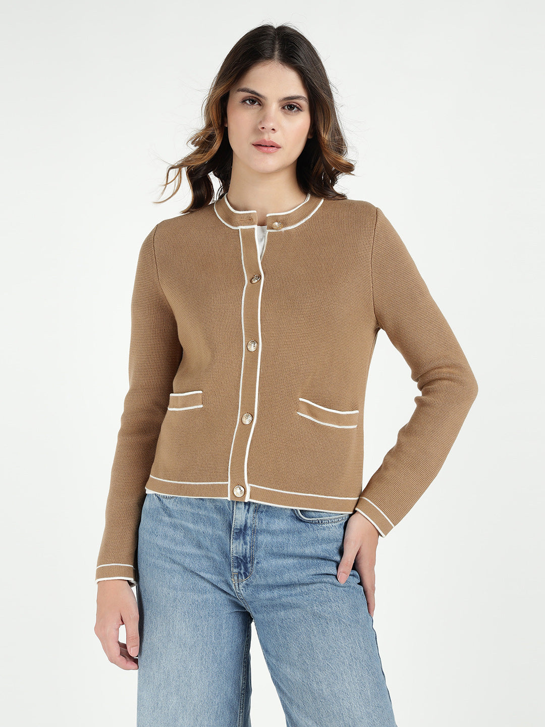 Gant Women Beige Solid Crew Neck Sweater