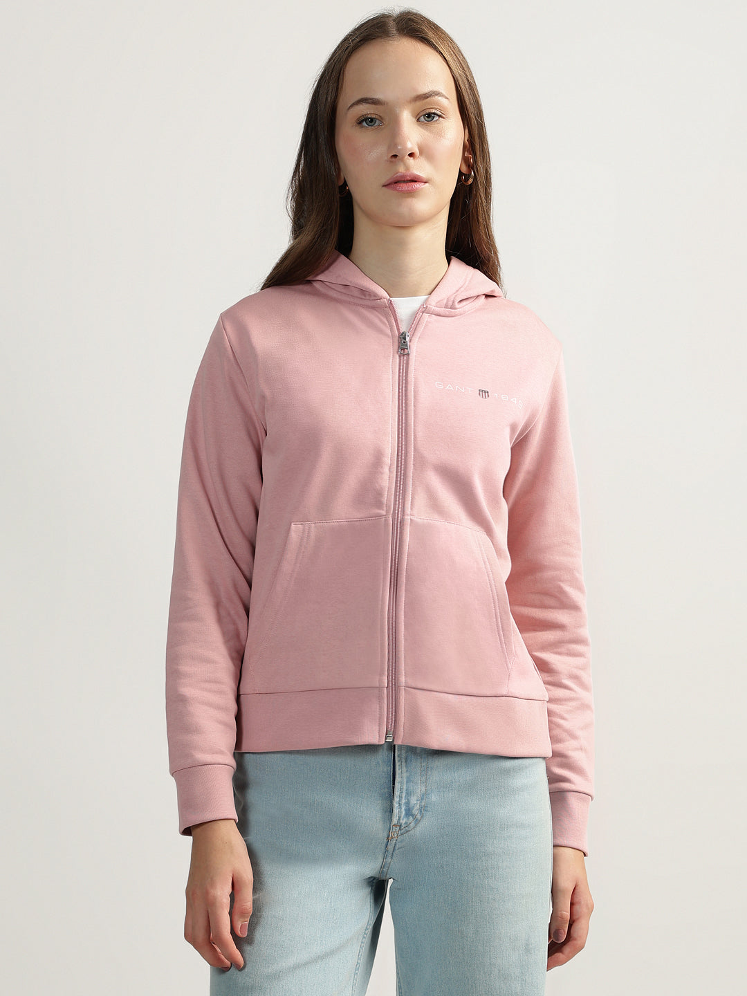Shop Gant Women Pink Solid Hooded Full Sleeves Front-open Sweatshirt Online