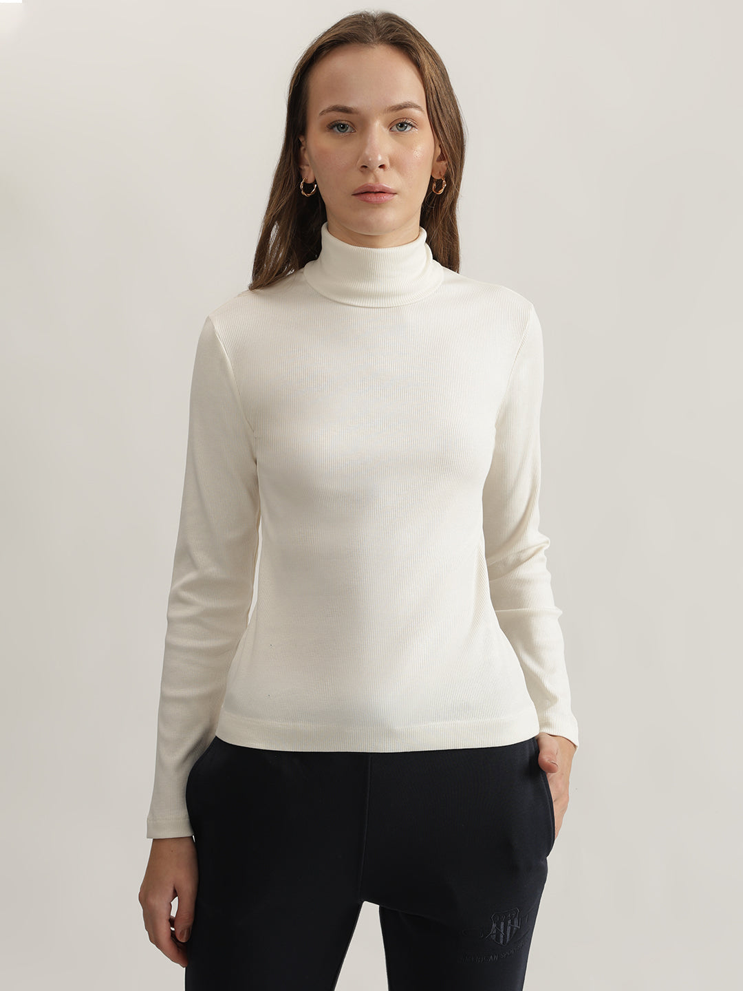 Shop Gant Women White Solid Turtle Neck Full Sleeves Top Online