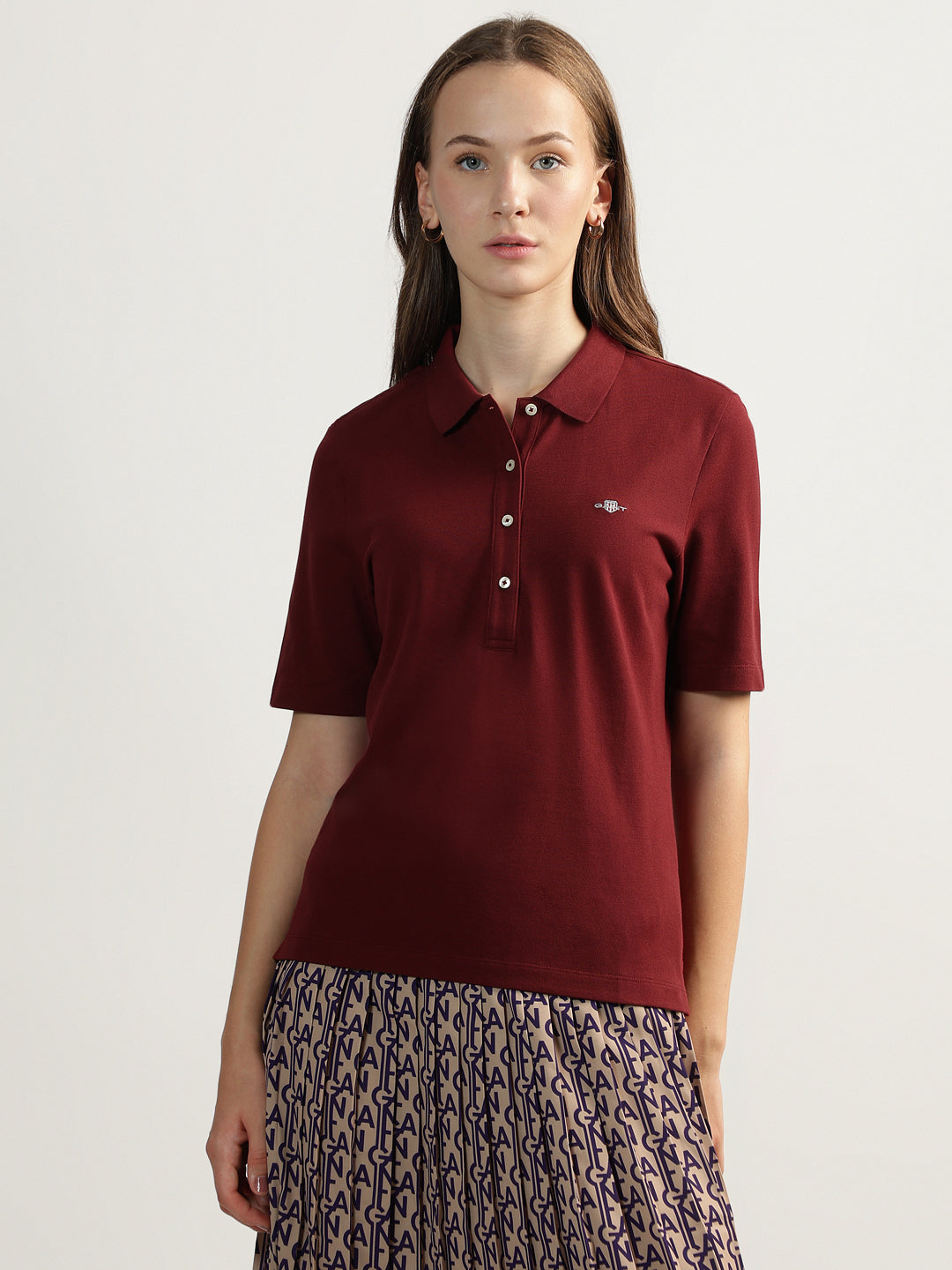 Shop Gant Women Red Solid Polo Collar Short Sleeves T-Shirt Online