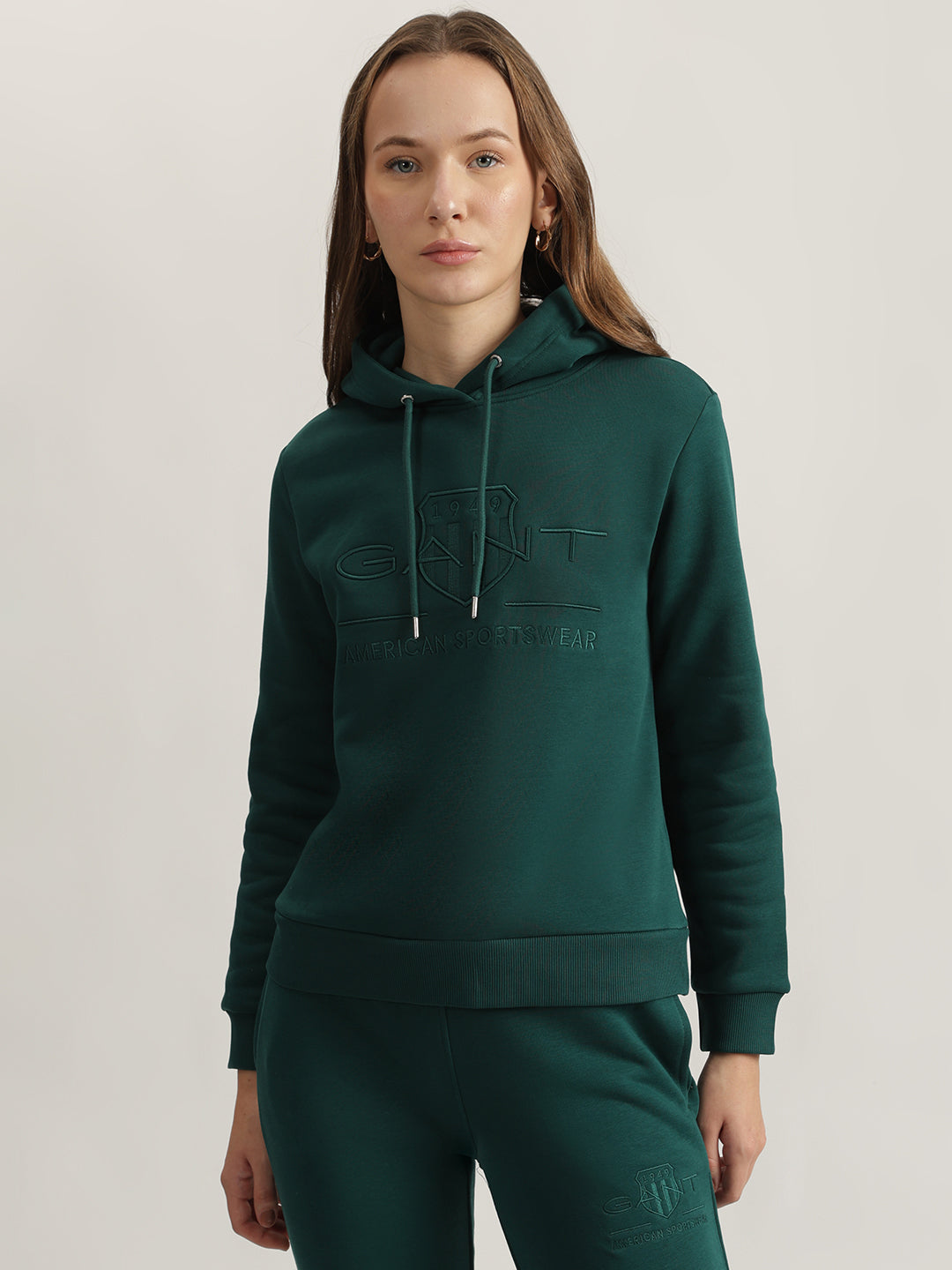 Shop Gant Women Green Embroidered Hooded Full Sleeves Sweatshirt Online