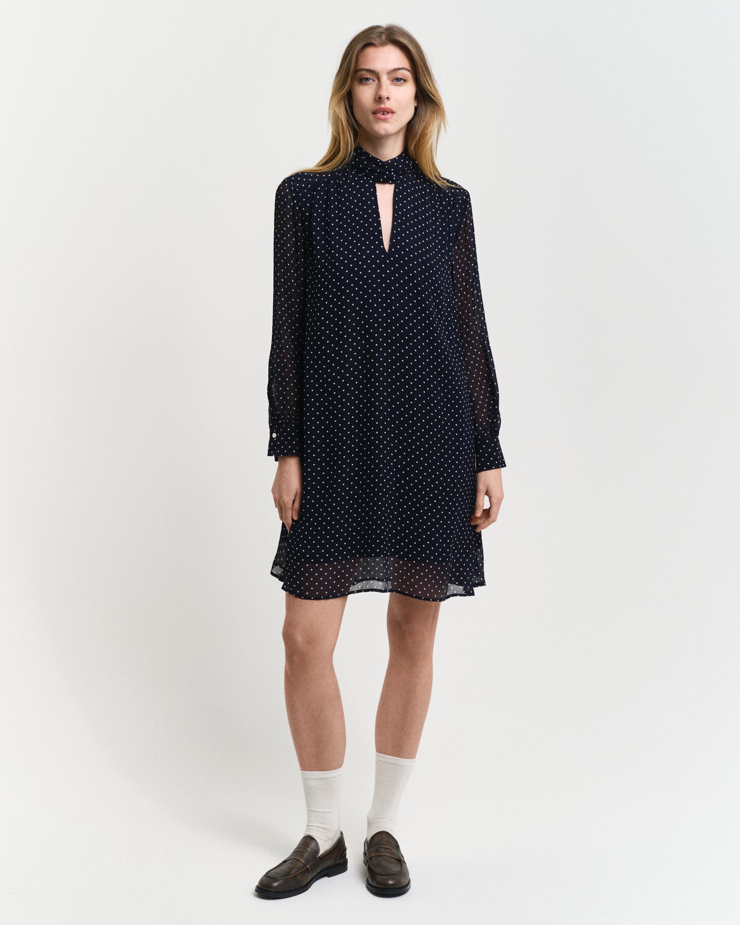 Shop Gant Women Blue Printed Tie-Up Neck Full Sleeves A-line Dress