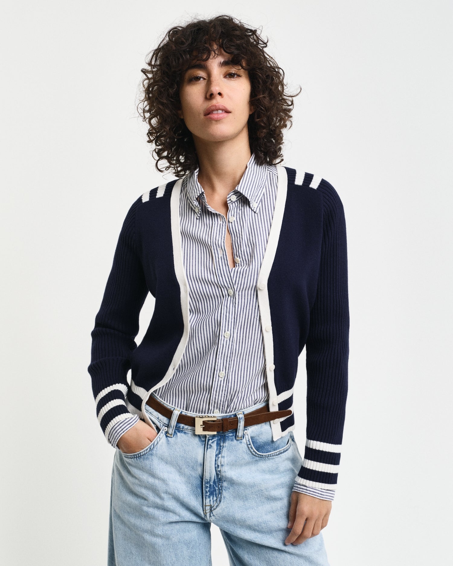 Shop Gant Women Blue Solid V-neck Full Sleeves Cardigan Online