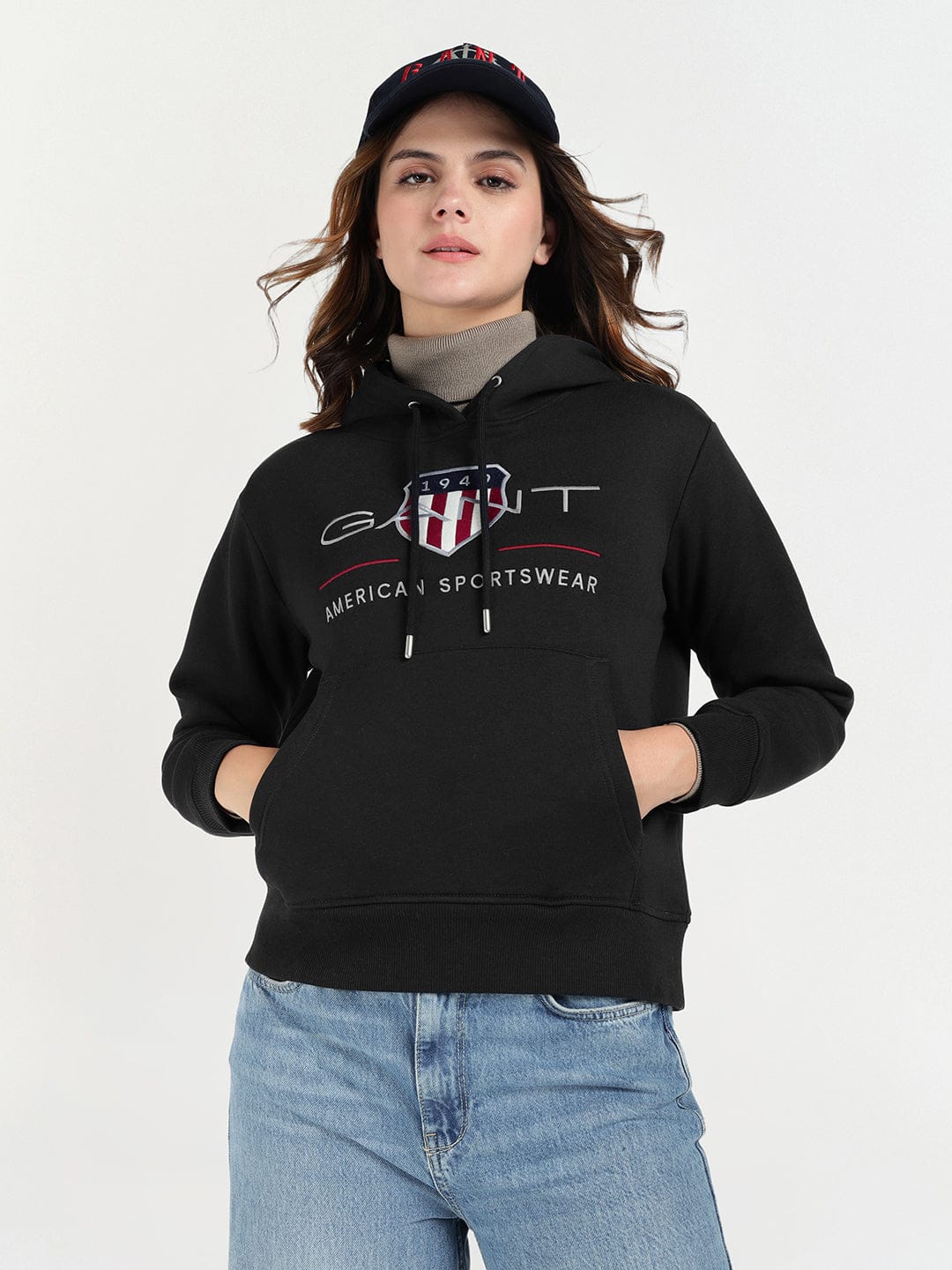 Gant Women Black Graphic Hooded Sweatshirt